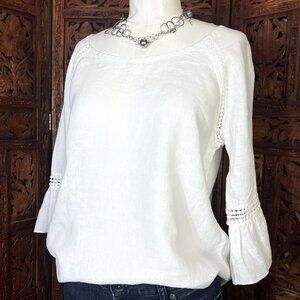 Bellambra Italian Large White Linen Top Crochet Detail Scoop Neck 3/4 Sleeve